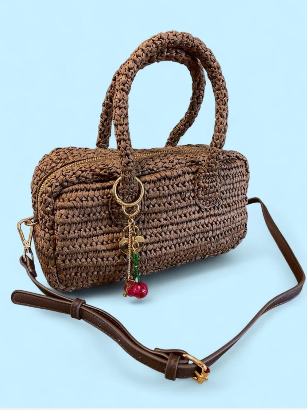 Woven Straw Barrel Satchel Bag in Brown